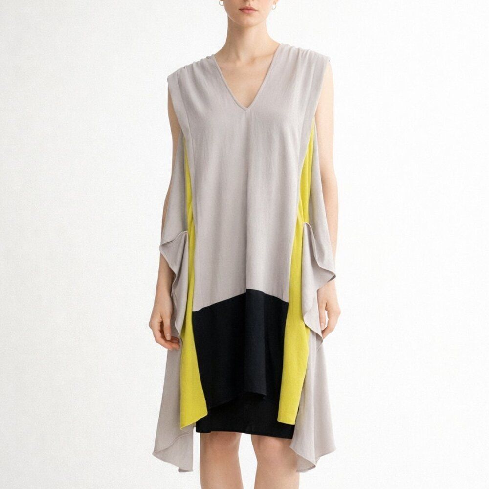 BCBGMAXAZRIA Women’s Dress XS Gray Yellow Draped Chiffon Avant Garde Chic Party